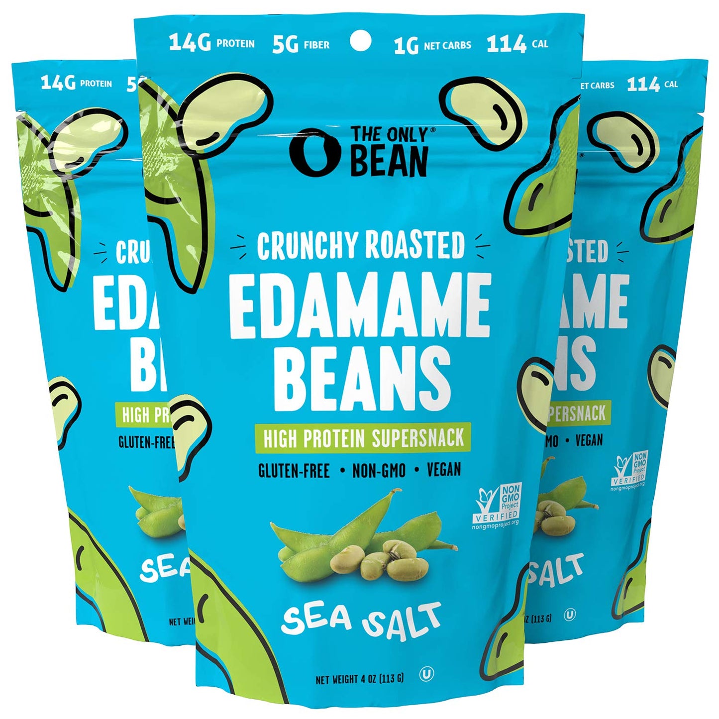 The Only Bean - Crunchy Roasted Edamame Beans (Sea Salt) - Keto Snacks (2G Net) - High Protein Healthy Snacks (14G Protein) - Lo