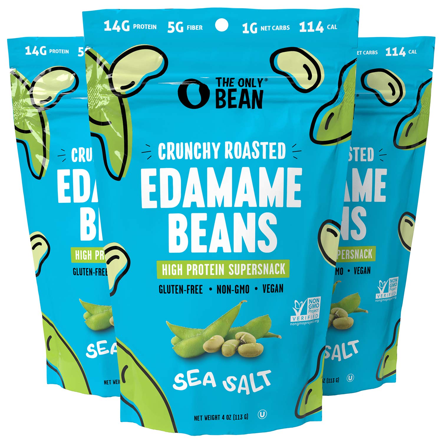 The Only Bean - Crunchy Roasted Edamame Beans (Sea Salt) - Keto Snacks (2G Net) - High Protein Healthy Snacks (14G Protein) - Lo