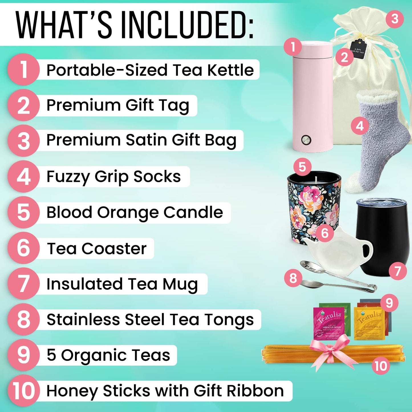 Tea Gift Basket For Women With Portable Kettle And Grippie Socks | Birthday Gift Set For Her, Mom,Wife, Co-Worker, Teacher Appre
