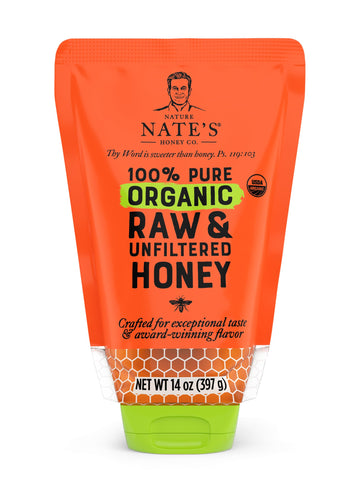 Nature Nate'S 100% Pure Usda Organic Raw & Unfiltered Honey, 14 Oz. No-Drip Sustainable Squeeze Pouch; Purity Guarantee, No Addi