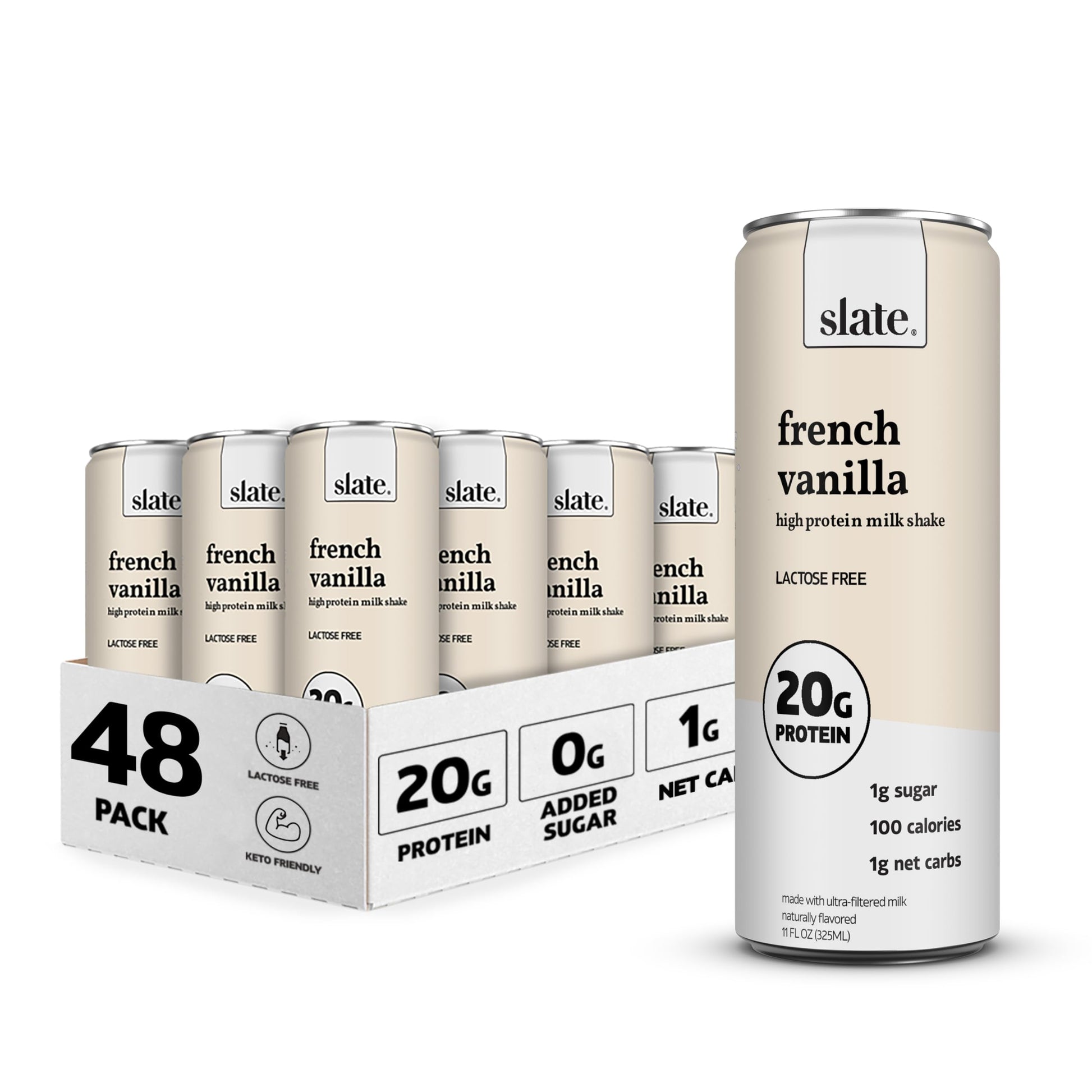 Slate High Protein Shake, French Vanilla, 20g Protein, 0g Added Sugar, Lactose Free, 11 oz, 48-Pack