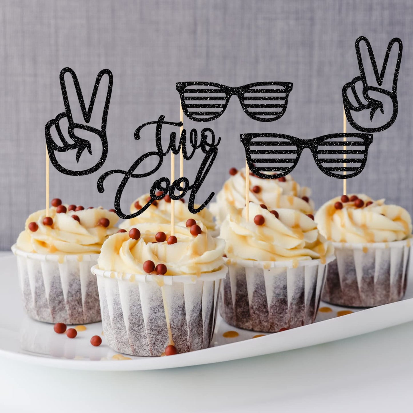 Two Cool Cupcake Toppers, Boy Second Birthday Party, 2Nd Birthday Party Decorations, Glitter Black, 24 Pcs
