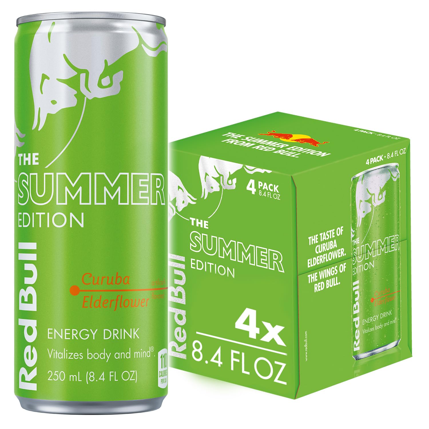 Red Bull Green Edition Energy Drink, Curuba Elderflower, 80mg Caffeine, 8.4 Fl Oz, Pack of 24 Cans, Model RB242815