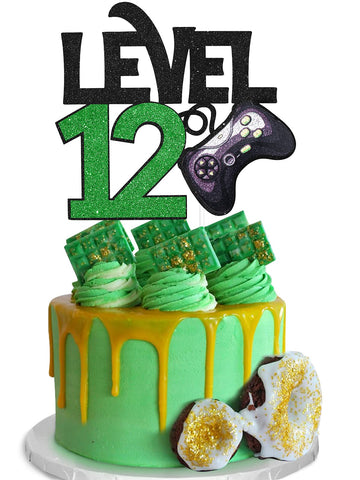Caiwowo Level 12 Game Birthday Cake Topper, Video Game Boy'S Party Supplies, Premium Quality Glitter Cardstock, 5.7X5.1In, Black