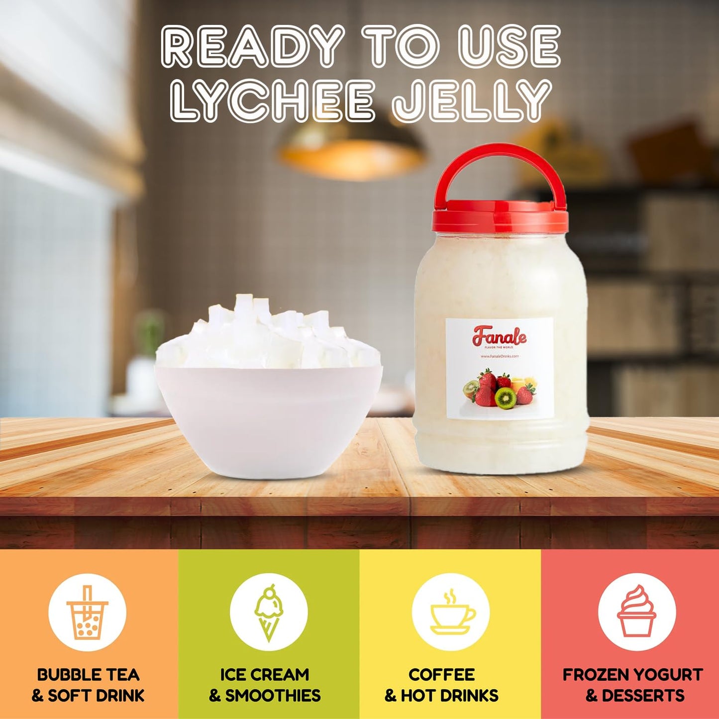 Fanale Coconut Jelly Topping - Lychee Jelly for Bubble Tea, Smoothies & Desserts - 8.3 lb (Pack of 4)