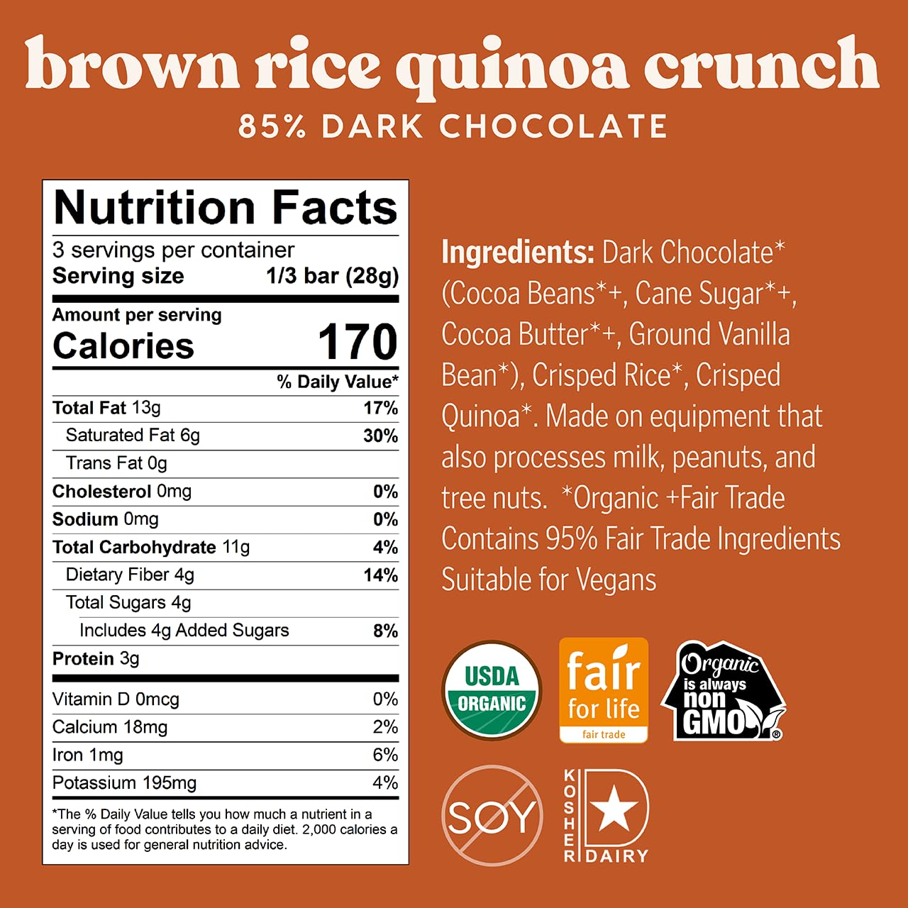 Theo Chocolate Brown Rice Quinoa Crunch Organic Dark Chocolate Bar, 85% Cacao, 12 Pack | Vegan, Fair Trade