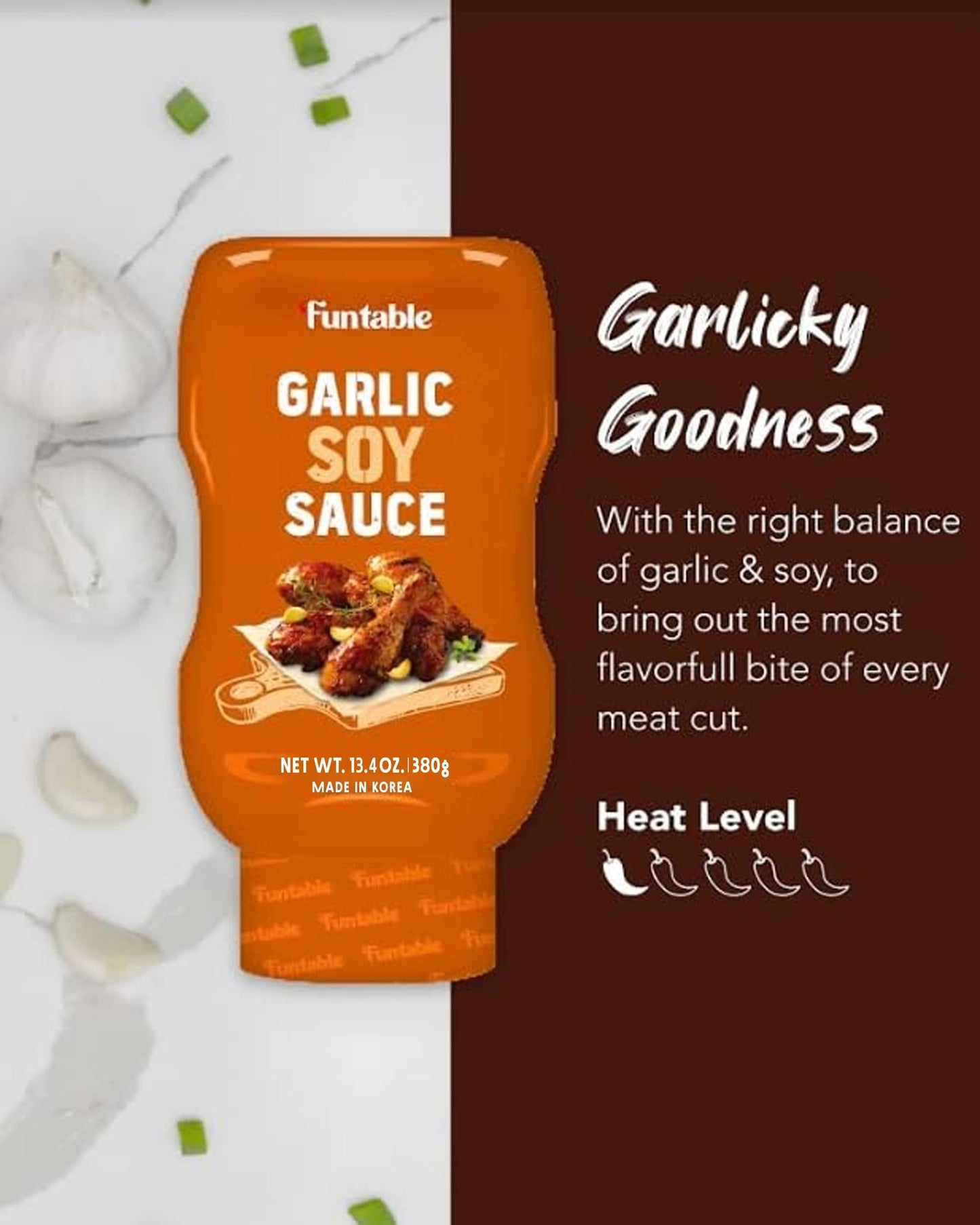 Funtable Garlic Soy Sauce (13.4 Oz, Pack Of 1) - Korean Authentic Garlic Flavored Sweet Sauce, Ideal For Dipping, Marinating, &