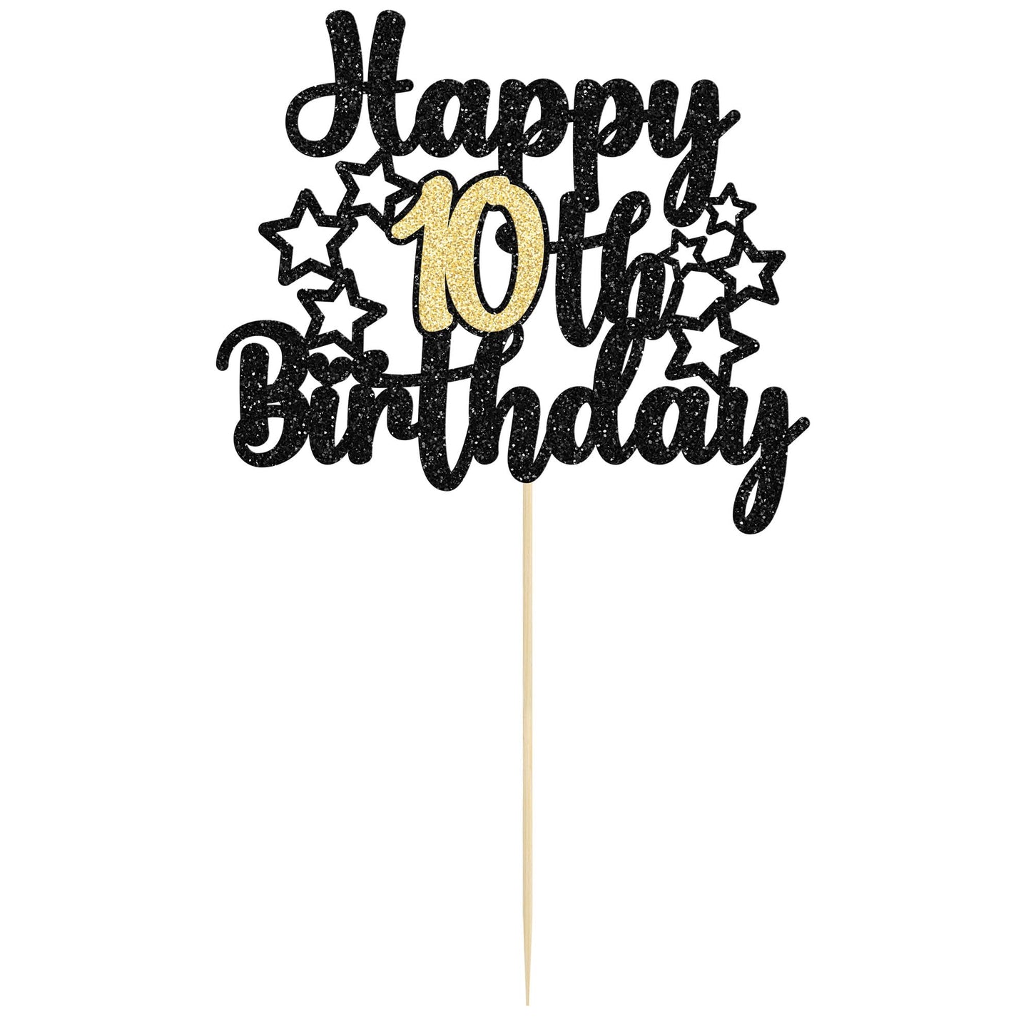 Gyufise Happy 10Th Birthday Cake Topper, 1Pc Black Gold Glitter Cheers To 10 Years, Premium Material, Food-Grade, For Birthday A