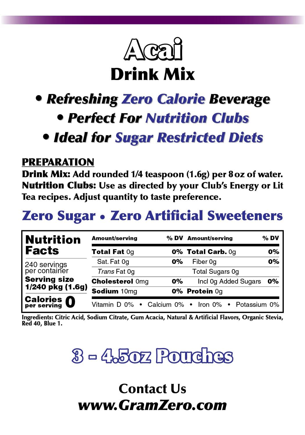 Gramzero Acai Zero Calorie Sugar Free Drink Mix, Great For Nutrition Club Loaded Tea, Stevia Sweetened