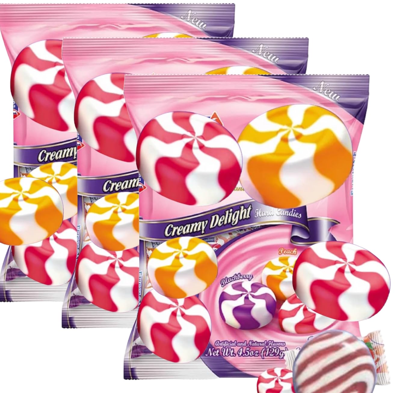 Creamy Delight Candy | Mixed Fruit Hard Candies, Strawberry, Blackberry, Peach Flavors, Individually Wrapped, 4.5 Oz Bags - (3 -