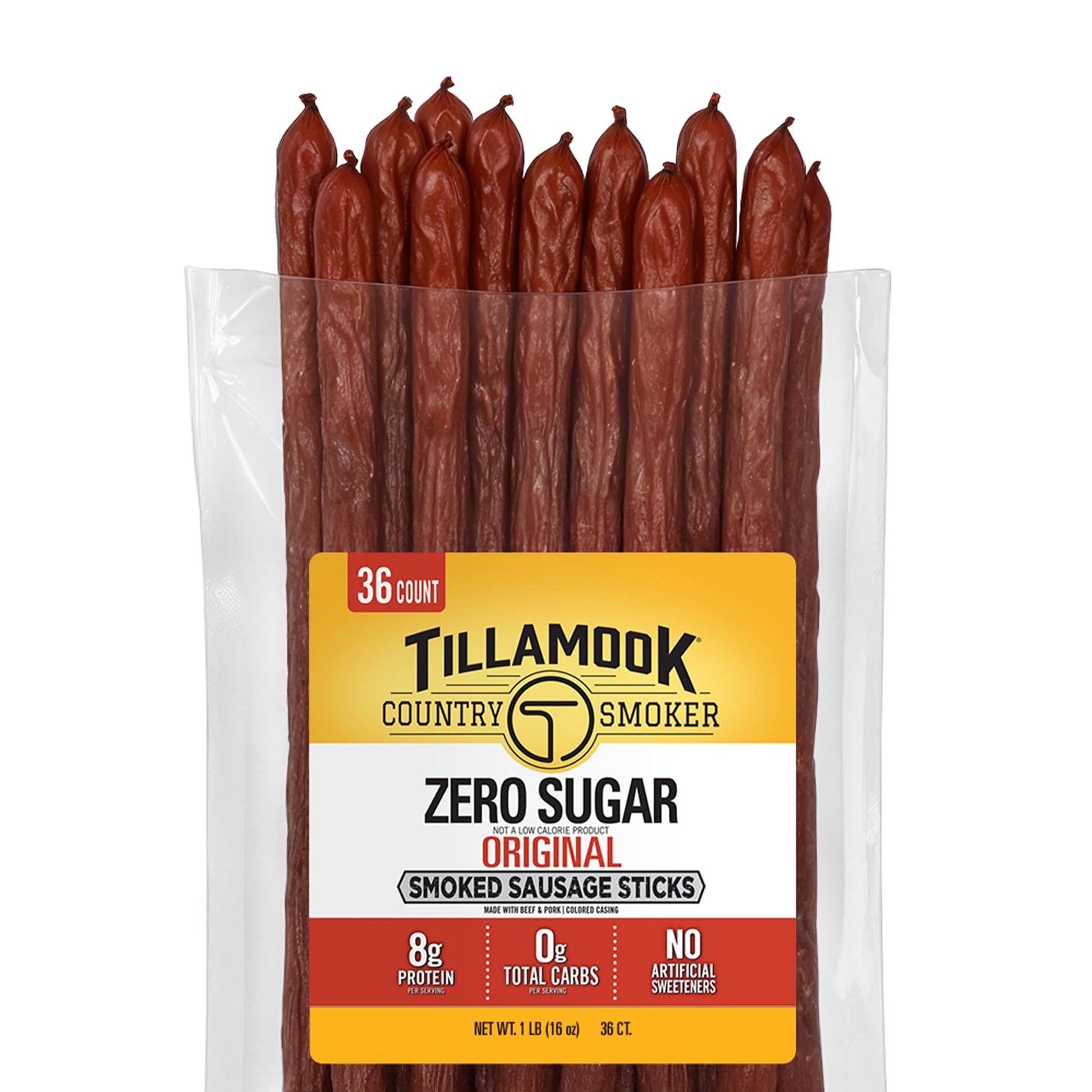 TILLAMOOK COUNTRY SMOKER Smoked Sausage Meat Sticks, Zero Sugar, Low Carb, High Protein, 16 Ounce (36 Count Bulk Pack)