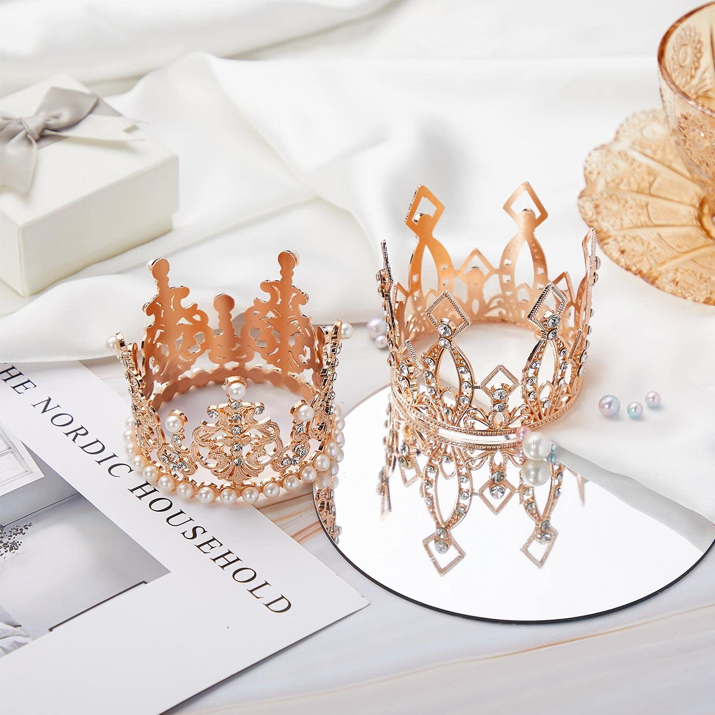 Hotop 4 Pcs Rose Gold Crown Cake Toppers Birthday Mini Flower Bouquet Crown Cupcake Toppers Vintage Rhinestone Pearl Crown Cake