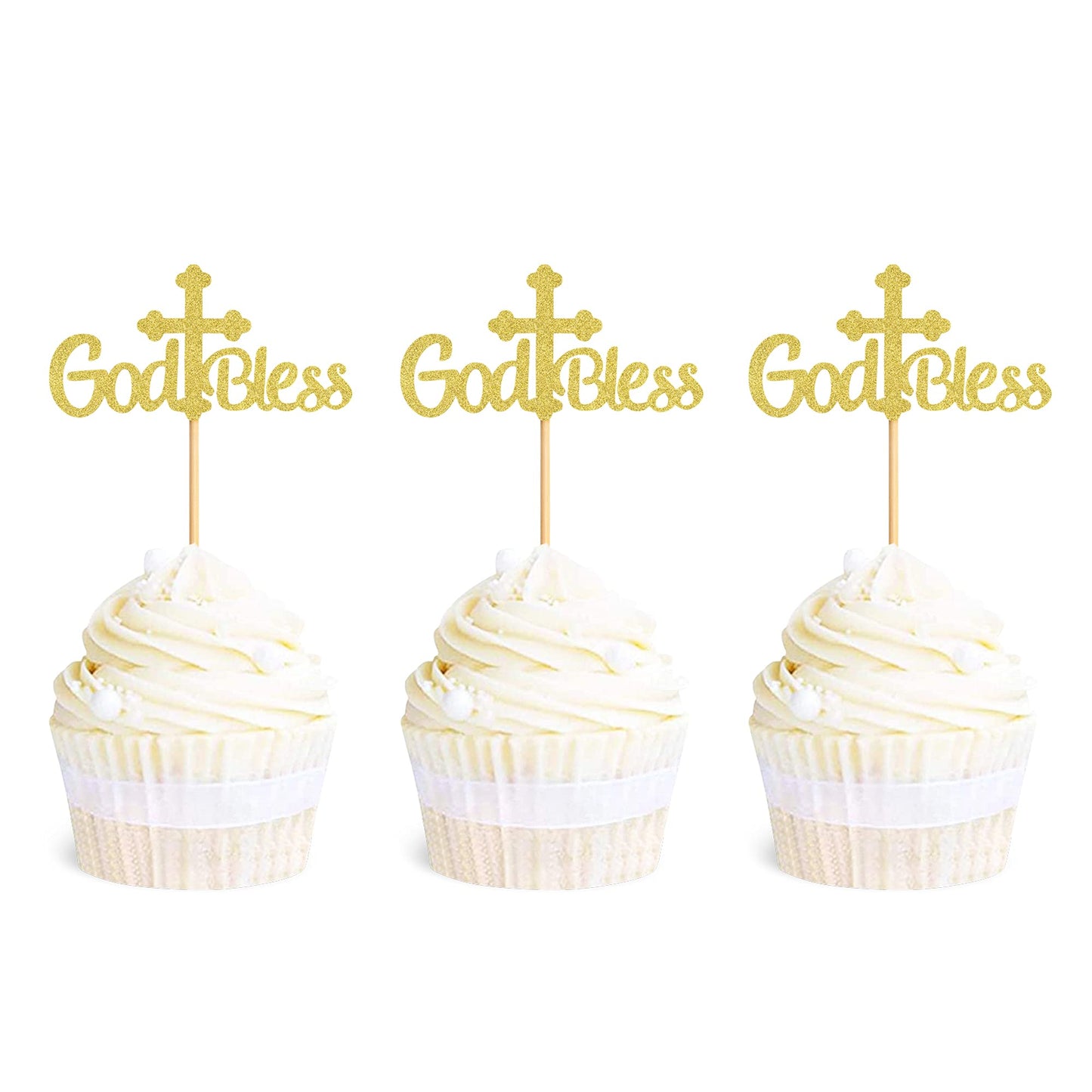 Ercadio Cupcake Toppers Set, 36 Pack Gold Cross Glitter Decorations for Baptism, Small Paper Party Supplies