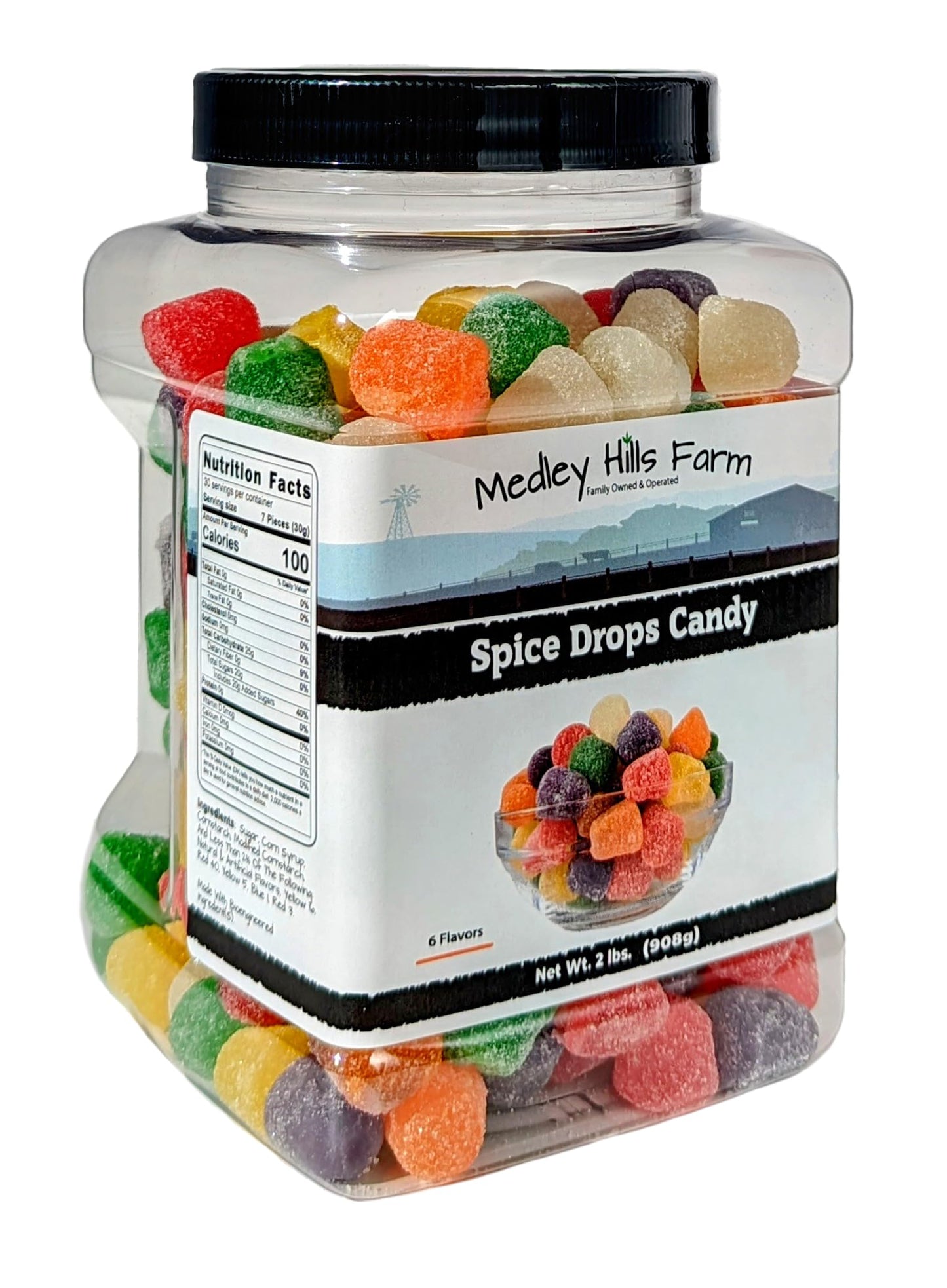 Medley Hills Farm Spice Drops Candy - Assorted Flavors, Soft Jelly Drops, 2 Lbs, Reusable Container