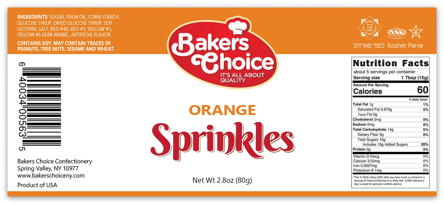 Bakers Choice Orange Sprinkles for Baking, 2.8 oz - Dairy Free, Kosher Jimmies for Ice Cream Toppings