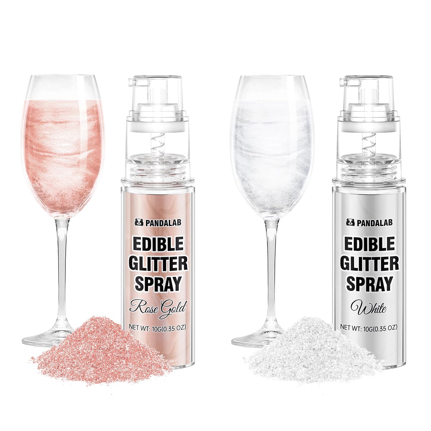 Pandalab Edible Glitter Spray - Food Grade Luster Dust for Drinks & Desserts - 0.35oz - White & Rose Gold