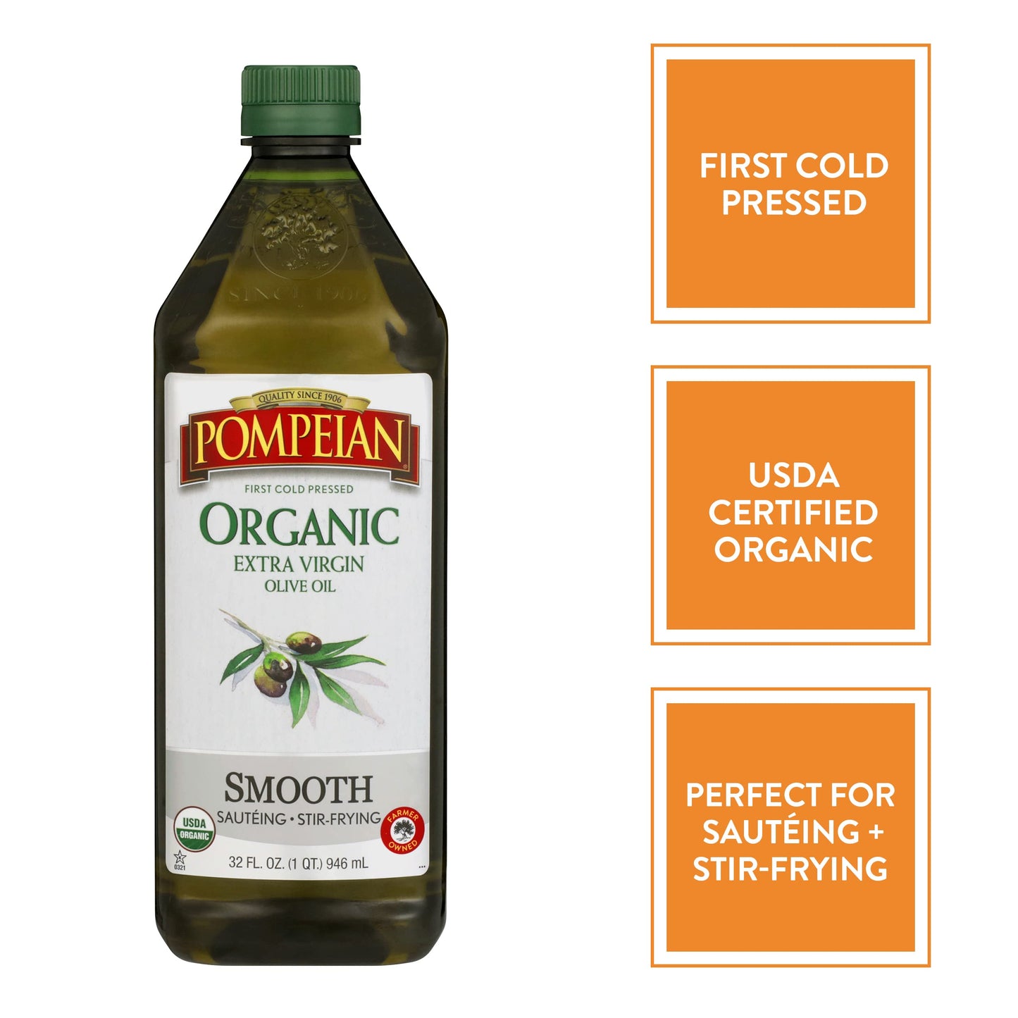 Pompeian Organic Extra Virgin Olive Oil, First Cold Pressed, Smooth Flavor, 32 FL OZ - Ideal for Sautéing & Stir-Frying