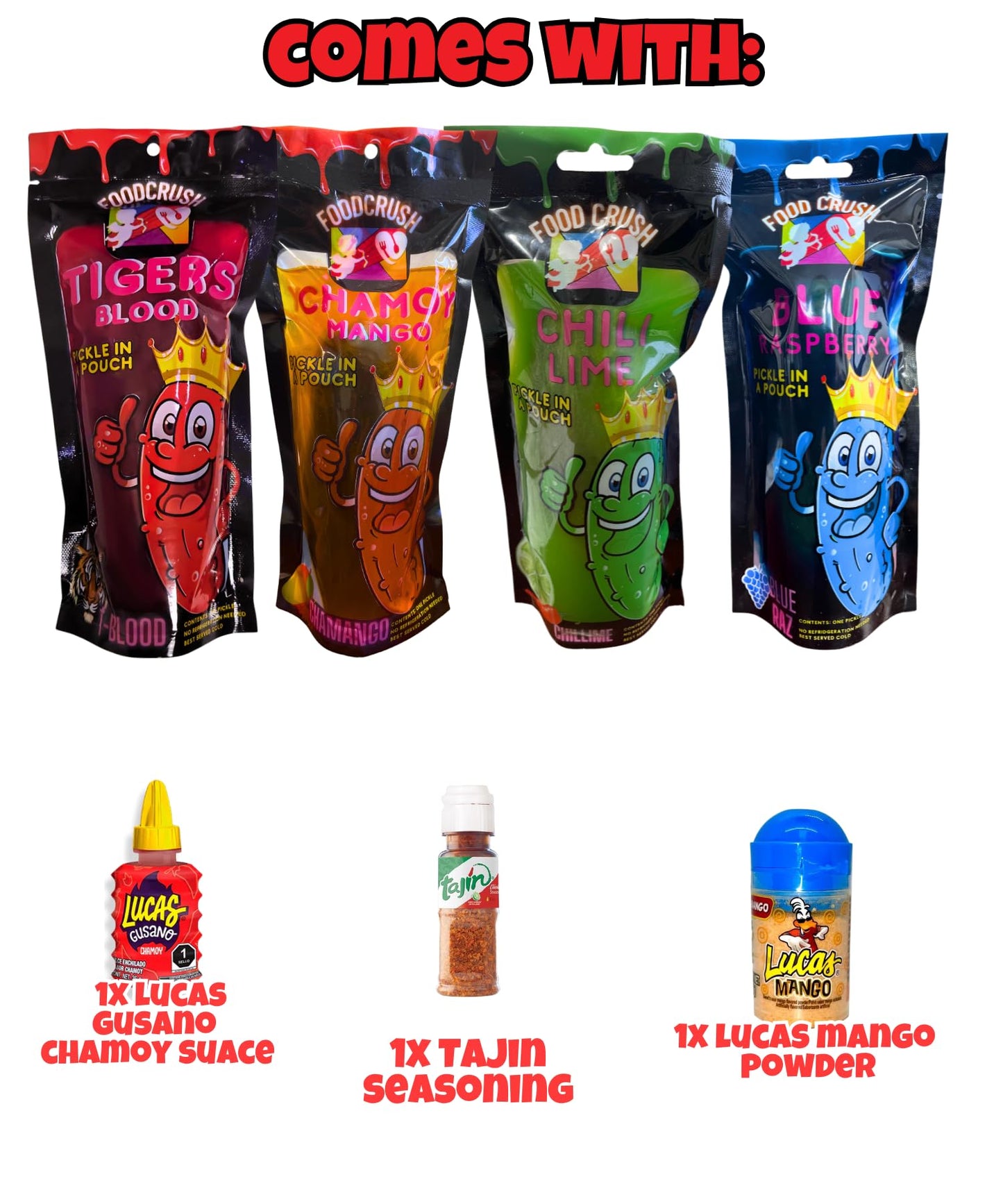 Chamoy Pickle Jumbo Dill Pickles In A Pouch Sampler Gift Box (Pack Of 4) W/Chamoy, Super Hot & Spicy Chili Lime, Blue Raspberry, Tigers Blood-Box For College Care Packages Tiktok Trend Items Snack