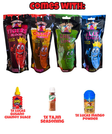 Chamoy Pickle Jumbo Dill Pickles In A Pouch Sampler Gift Box (Pack Of 4) W/Chamoy, Super Hot & Spicy Chili Lime, Blue Raspberry, Tigers Blood-Box For College Care Packages Tiktok Trend Items Snack