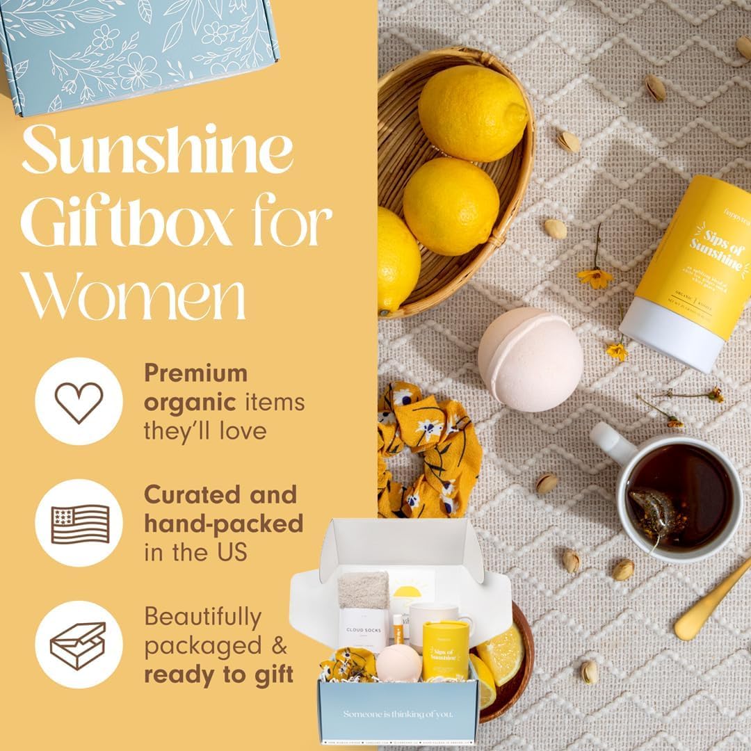 Unboxme Sunshine Gift For Women | Self Care Package With Organic Herbal Tea, Fluffy Cloud Socks, Ceramic Mug, Citrus Bath   , Beeswax Lip Balm, A Fun Floral Scrunchie + A Sending Hugs Card
