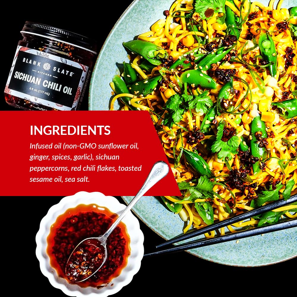 Blank Slate Kitchen Sichuan Chili Oil (6 Oz) | Gourmet Spicy Tingly Numbing Umami Hot Sauce | Authentic Chinese Mala | Vegan, Gluten-Free, Sugar-Free, Non-Gmo, No Msg