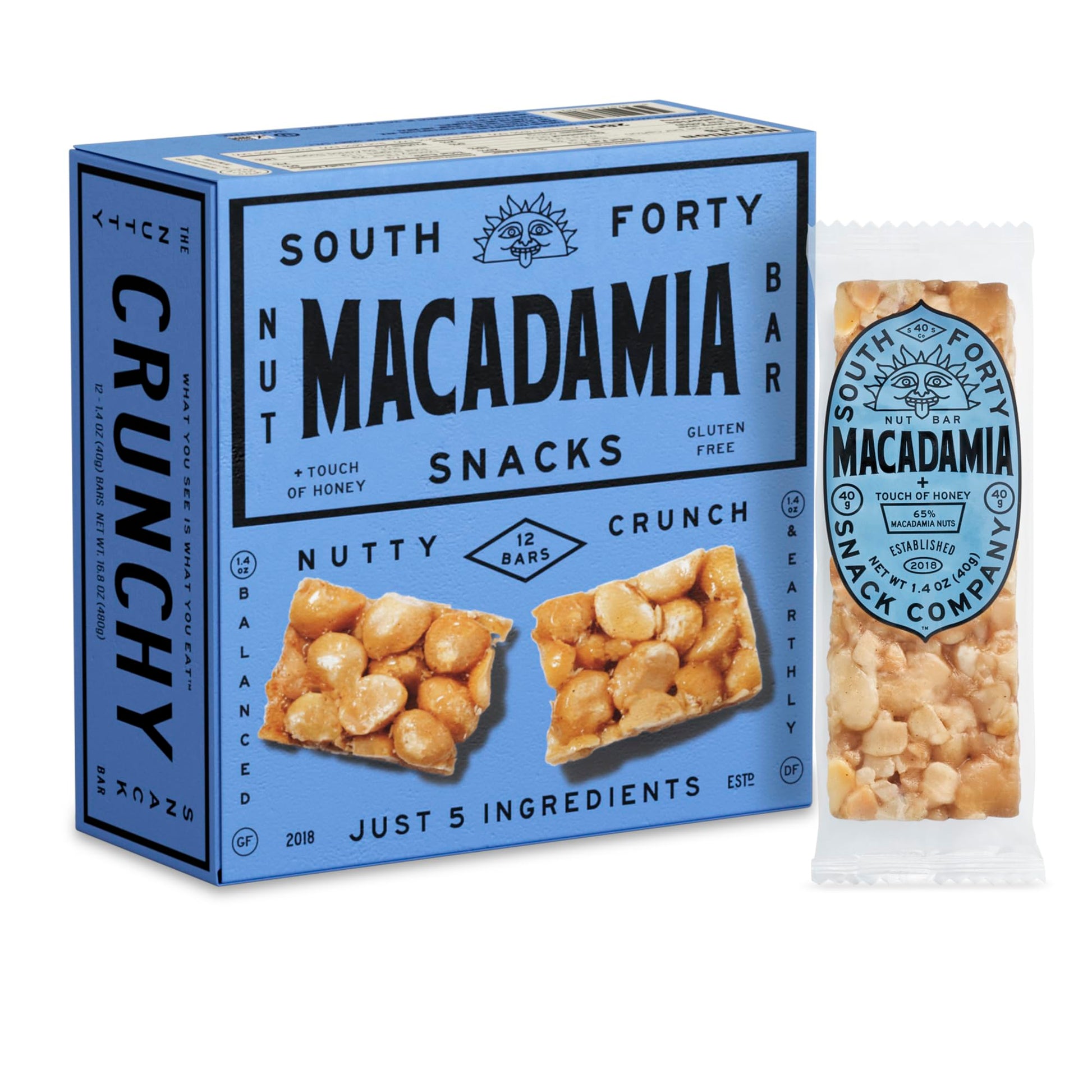 SOUTH FORTY SNACKS Macadamia Nut Bar, Extra Crunchy, 2g Protein, 40g Bar, 12 Count Pack