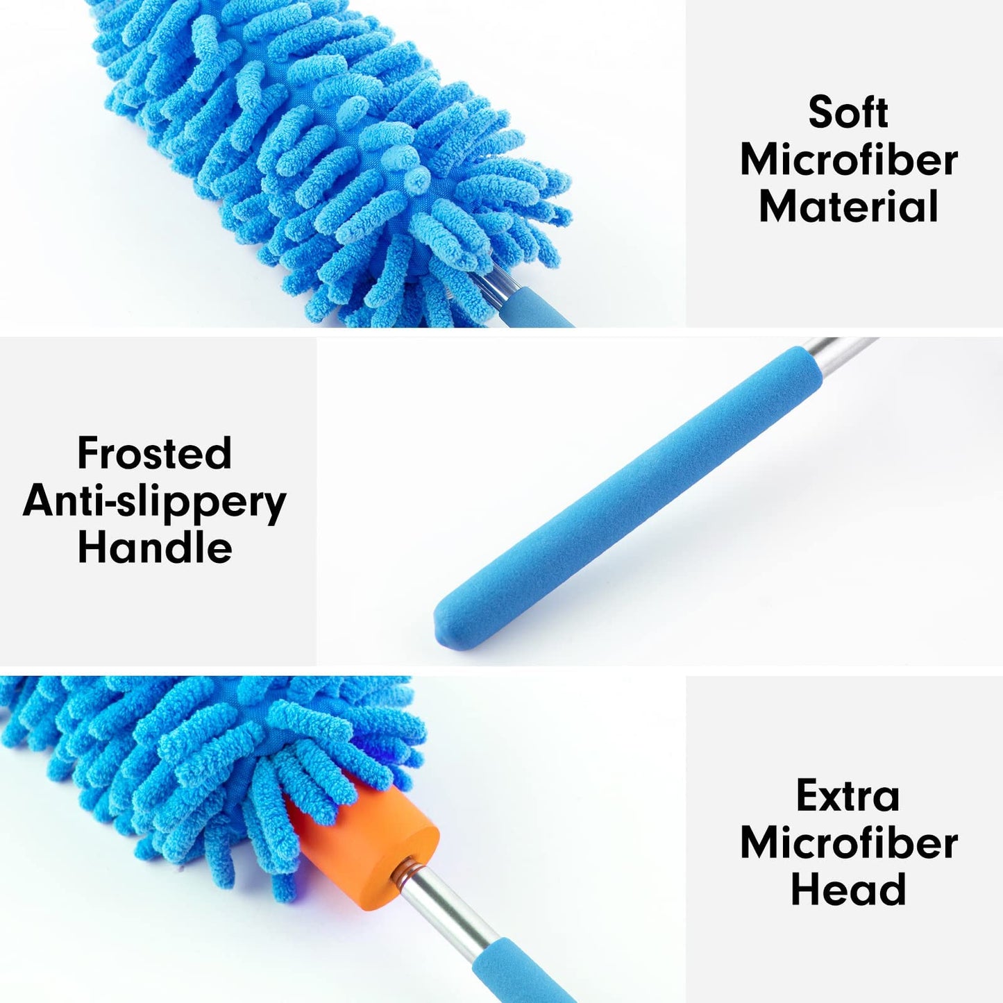 Microfiber Duster For Cleaning, Tukuos Hand Washable Dusters With 2Pcs Replaceable Microfiber Head, Extendable Pole, Detachable