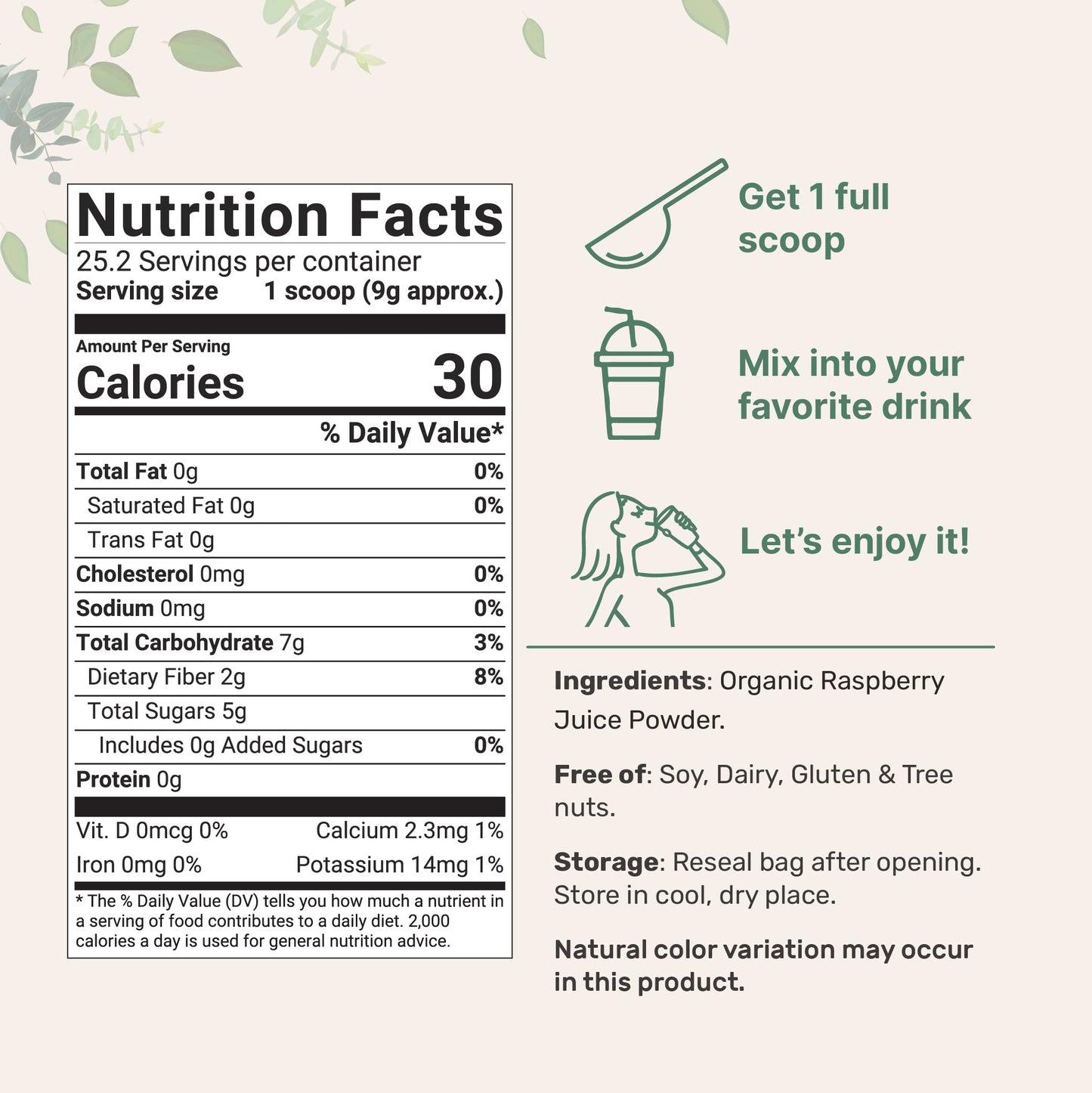 Organic Raspberry Juice Powder, 8Oz | 100% Natural Fruit Powder | Freeze-Dried Raspberries Source | No Sugar & Additives | Great Flavor For Drinks, Smoothie, & Beverages | Non-Gmo & Vegan Friendly