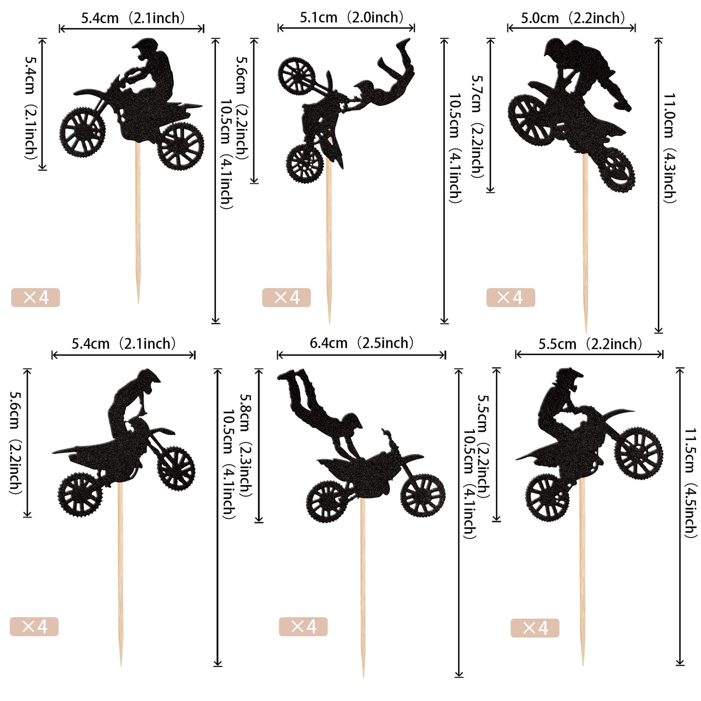 24 Pcs Motorcycle Cupcake Toppers Black Glitter Motocross Dirt Bike Party Cupcake Picks For Sports Motocross Theme Man Boy Birth