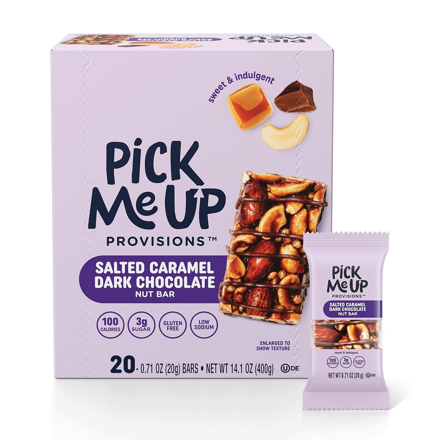 Pick Me Up Provisions Mini Gluten Free Salted Caramel Dark Chocolate Nut Bar, 0.7 Oz, 20/Box