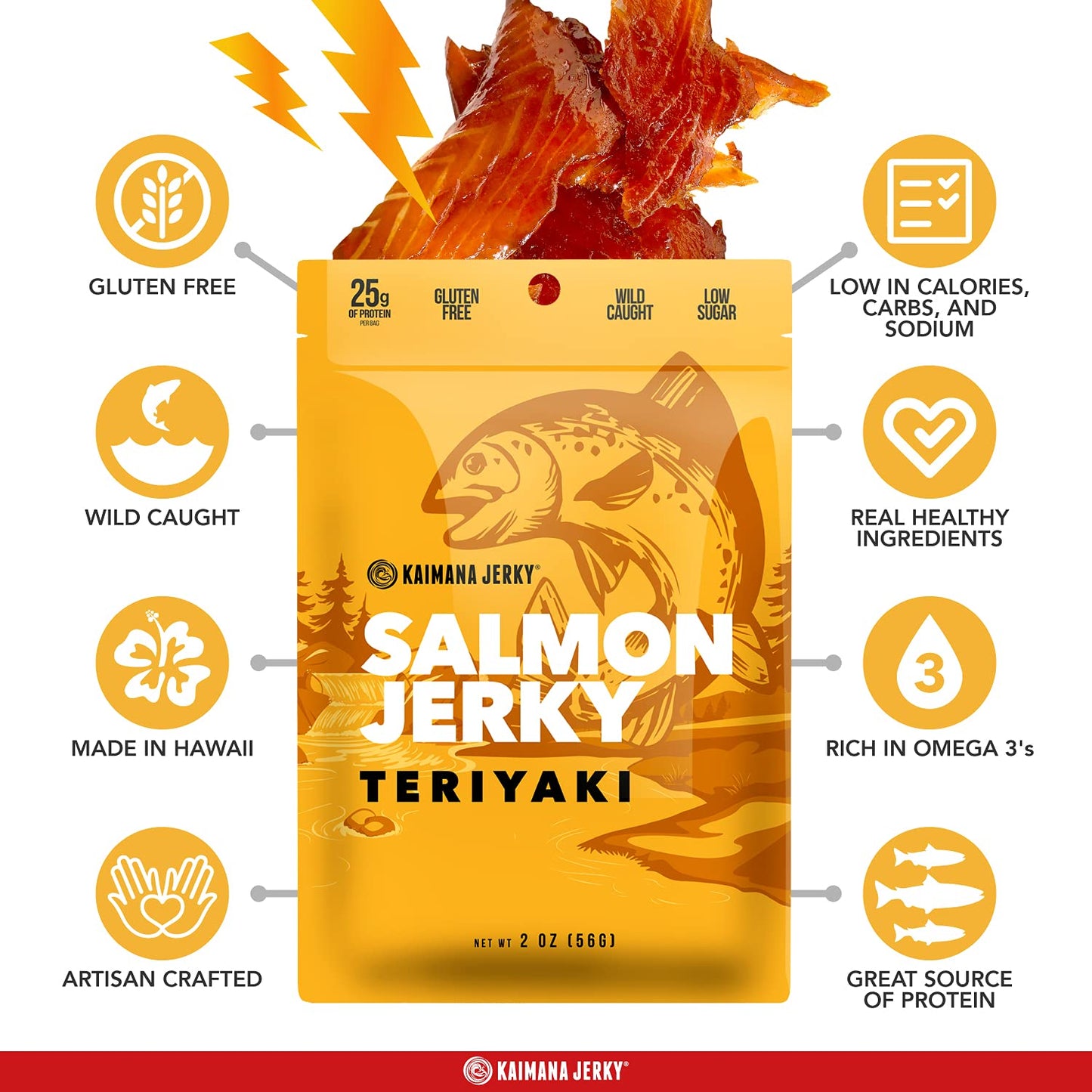 Kaimana Jerky Wild Caught Salmon Teriyaki Jerky - Organic, Gluten-Free, Low-Calorie, 3-Pack (2oz Each)