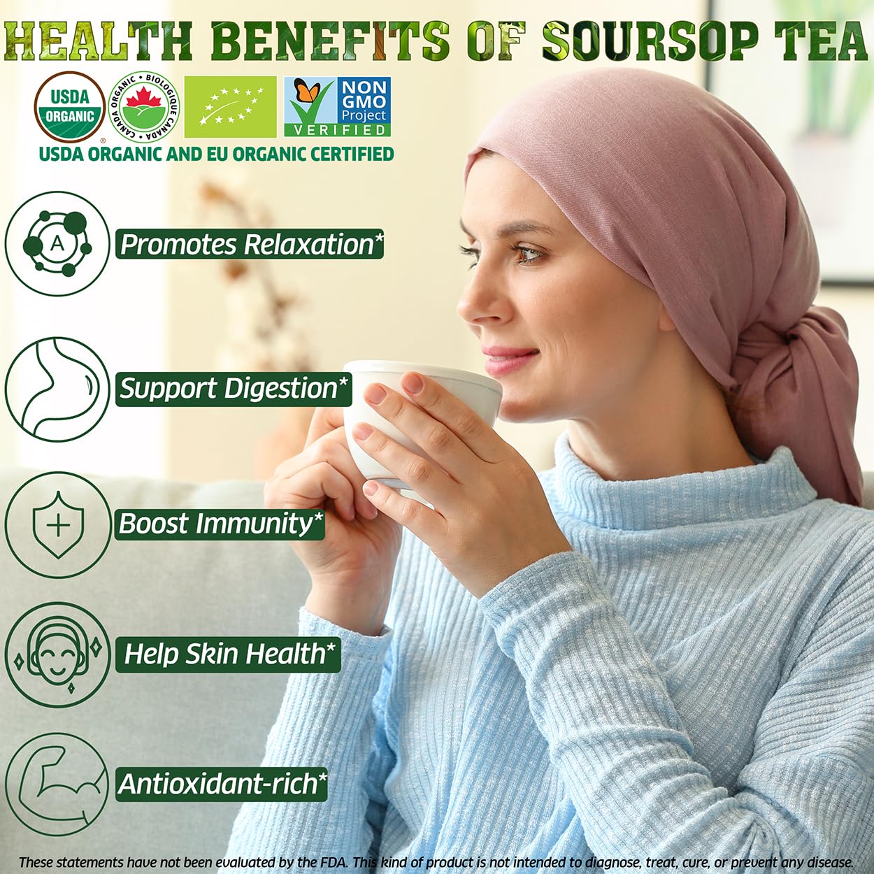 USDA Organic Soursop Leaves Tea Bags  100% ORGANIC and Pure Soursop Graviola Leaves - Hojas De Guanabana Tea - Non-GMO - Caffeine-free - Improve Digestion  Support Healthy Skin & Sleep  Eco-Conscious Corn Fiber Tea Bags. Organic Graviola Tea
