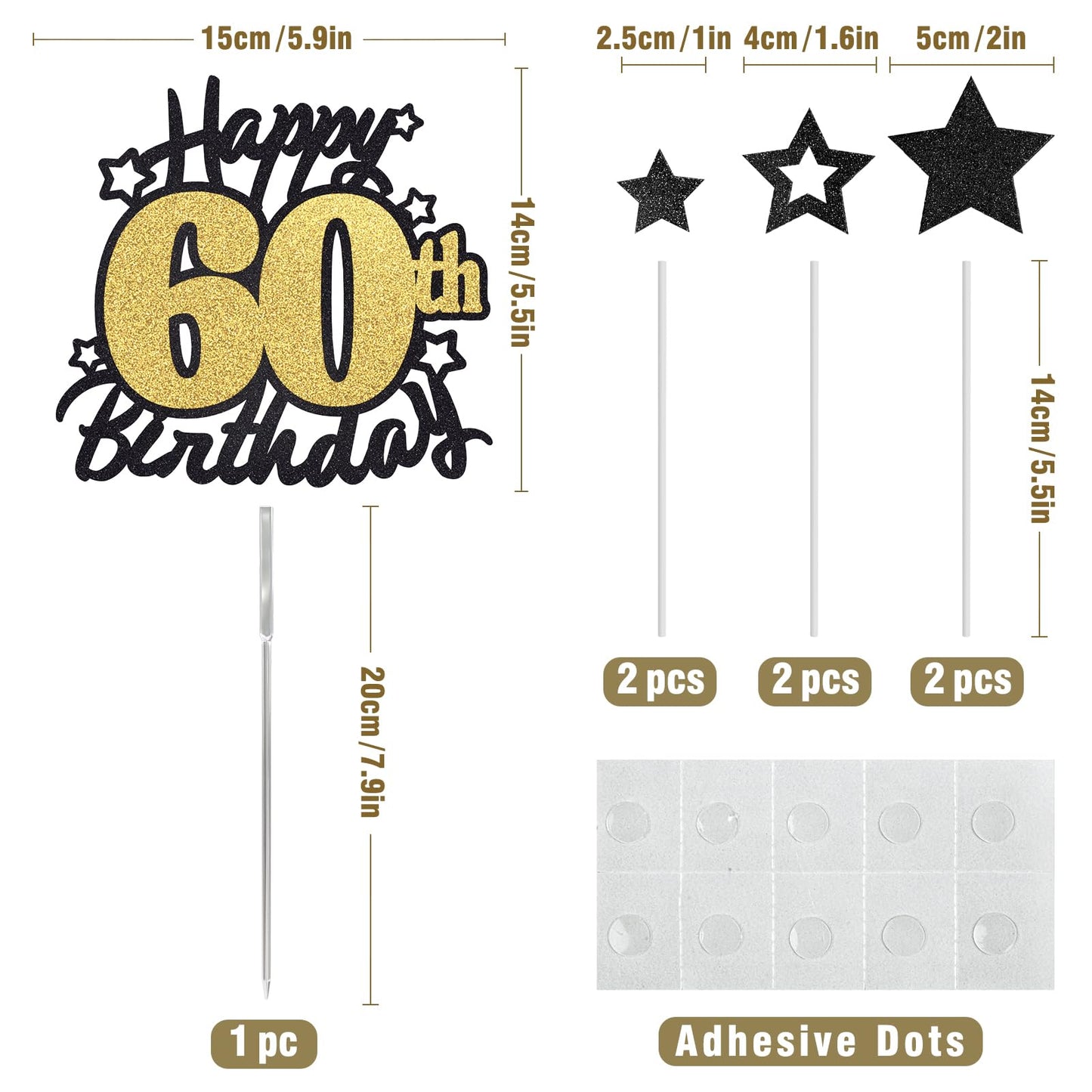 Happy 60Th Birthday Cake Topper, Black And Gold Glitter Cake Toppers, 60 Year Birthday Party Cake Decoration