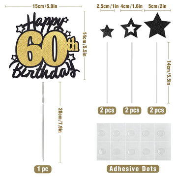 Happy 60Th Birthday Cake Topper, Black And Gold Glitter Cake Toppers, 60 Year Birthday Party Cake Decoration