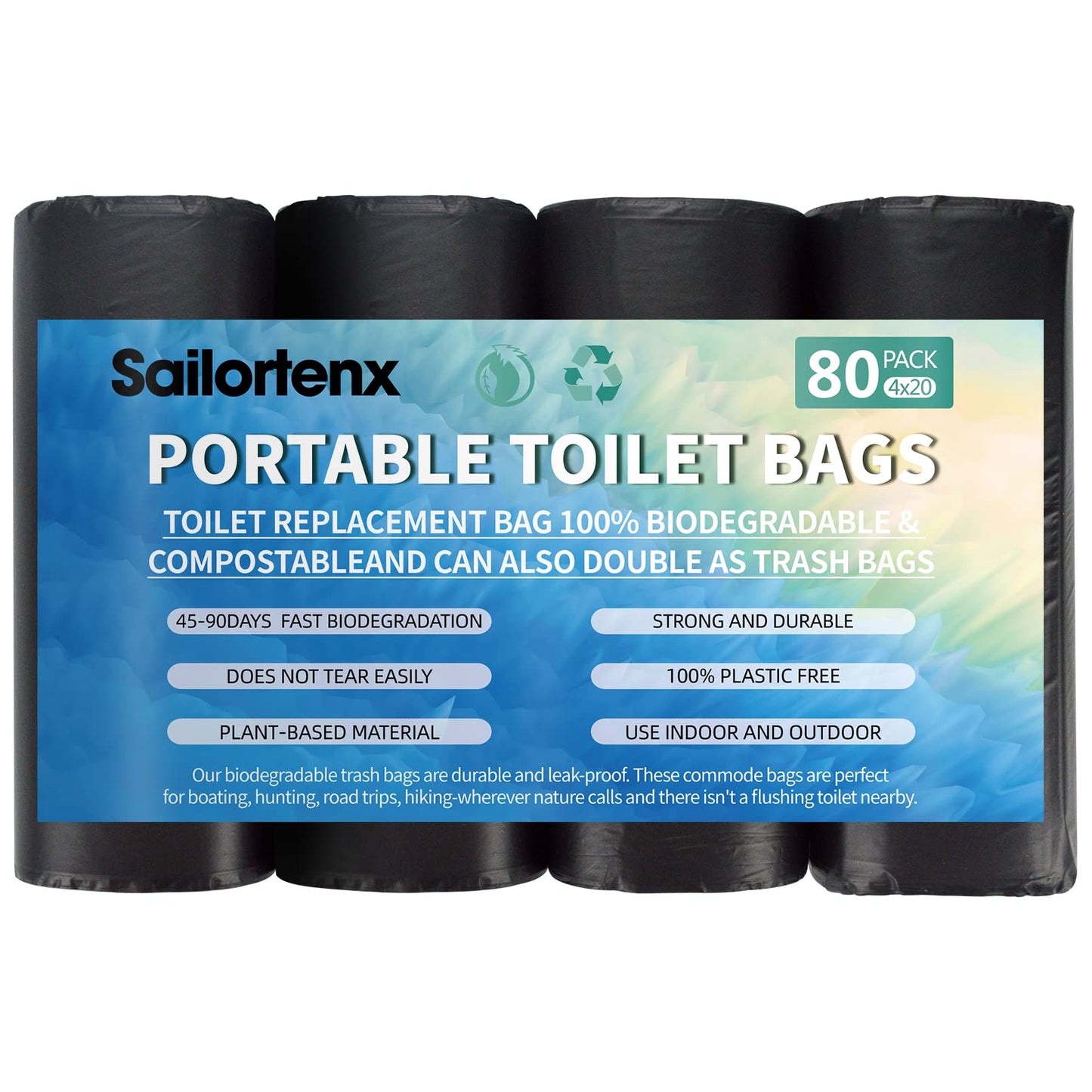 Sailortenx 80 Portable Toilet Bags 100% Compostable 8 Gallon Camping Toilet Bags Use With 5 Gallon Bucket Toilet Waste Bags, Dis