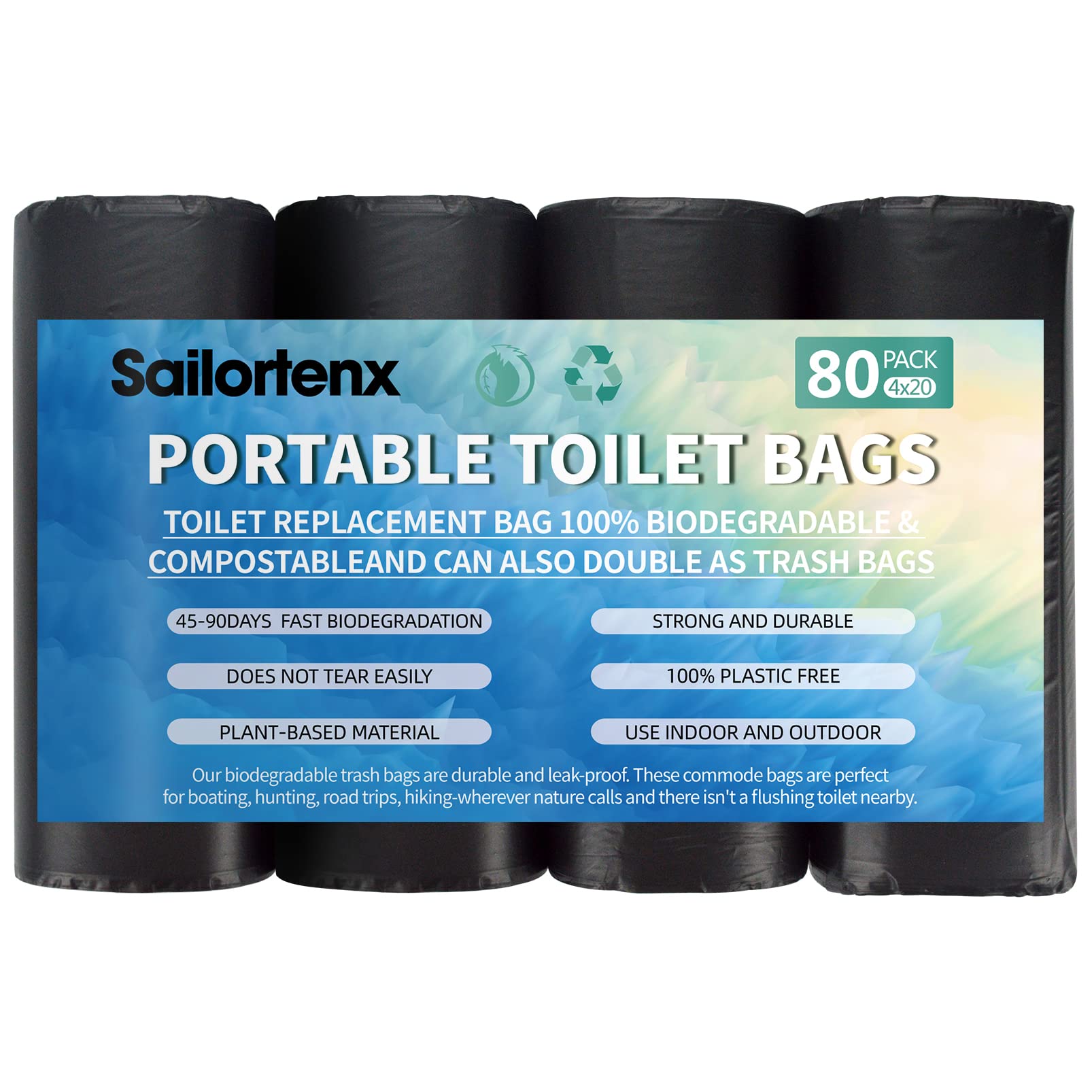 Sailortenx 80 Portable Toilet Bags 100% Compostable 8 Gallon Camping Toilet Bags Use With 5 Gallon Bucket Toilet Waste Bags, Dis