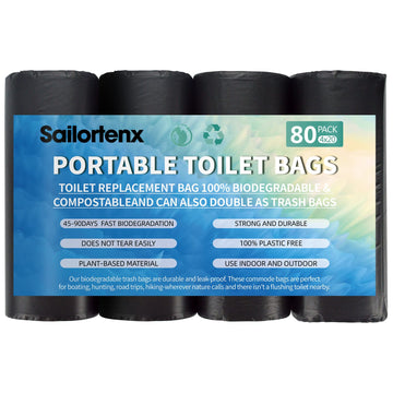 Sailortenx 80 Portable Toilet Bags 100% Compostable 8 Gallon Camping Toilet Bags Use With 5 Gallon Bucket Toilet Waste Bags, Dis