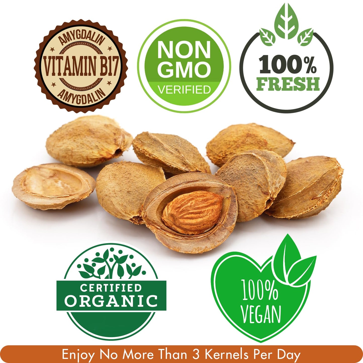 Cure wid Pure Certified Organic Apricot Seeds 1lb -Freshly Packed Gluten Free Raw Non-GMO Organic Bitter Apricot Kernels - Rich in  - Eco-Friendly Resealable Pack Max 3 Kernels Per Day