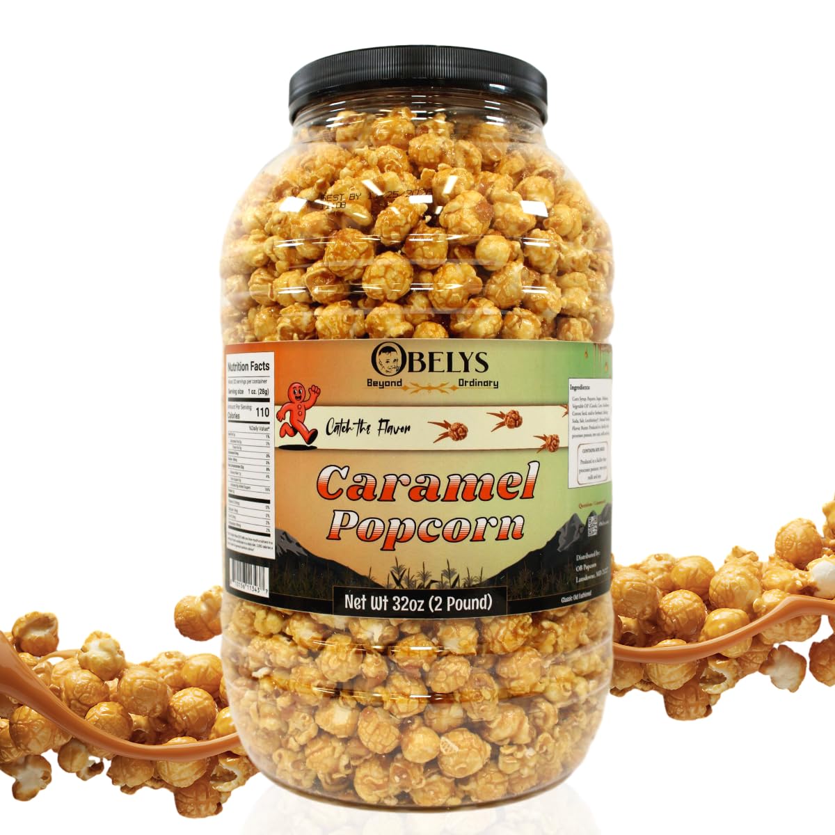 OBELYS Caramel Popcorn Crunch | 32 oz Tub (2 Pounds) | Beyond Ordinary Sweet Snacks - Perfect for Family Gatherings, Parties, an