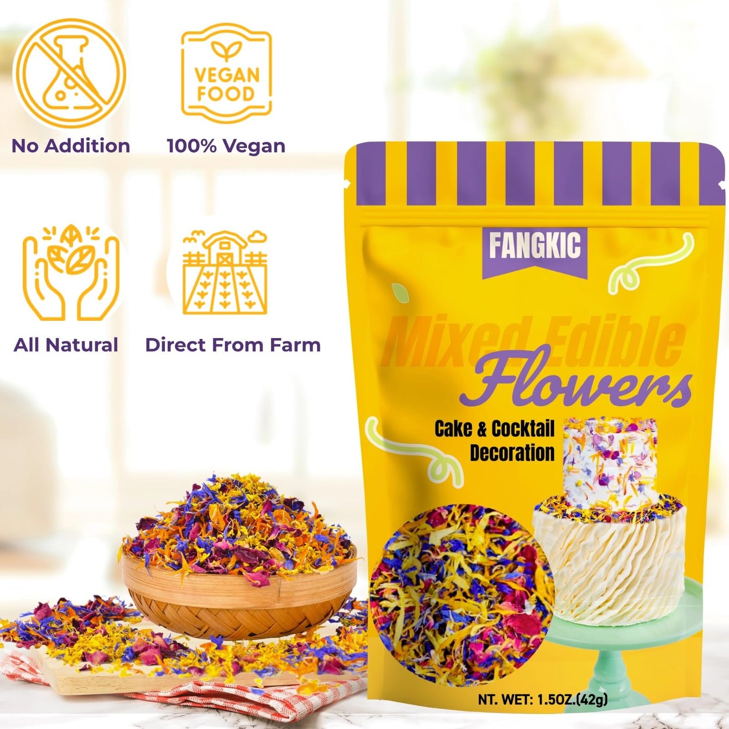 Fangkic Edible Flower Petal Blend - 4 Kinds (1.5 oz) for Cakes, Cocktails, Soap Making - Includes Rose, Cornflower, Osmanthus, Calendula