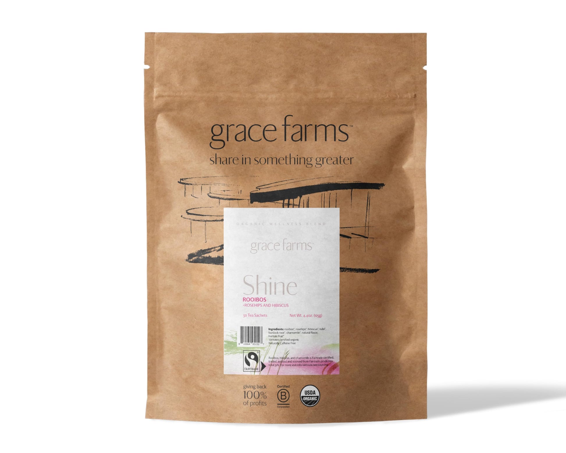 Grace Farms Organic Tea Blend - 50 Pyramid Sachets, Rooibos, Rosehips, Hibiscus, Tulsi, Fairtrade, Kosher