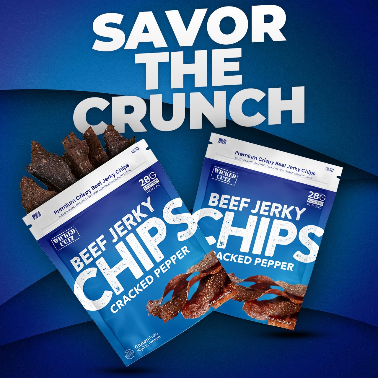 Wicked Cutz Cracked Pepper Beef Jerky Chips, 28G Protein Per Bag, Crispy & Crunchy Beef Jerky Crisps, Usa Made Pepper Flavored C
