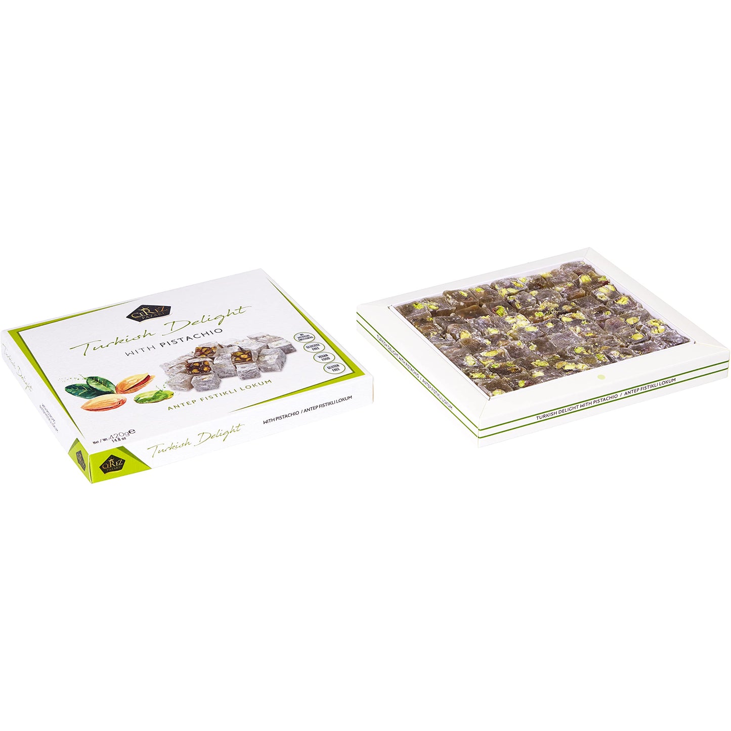 Cerez Pazari Turkish Delight Pistachio Candy Gourmet Premium Vegan Sweets Medium Gift Box 420G | Sweet Luxury Traditional Confec