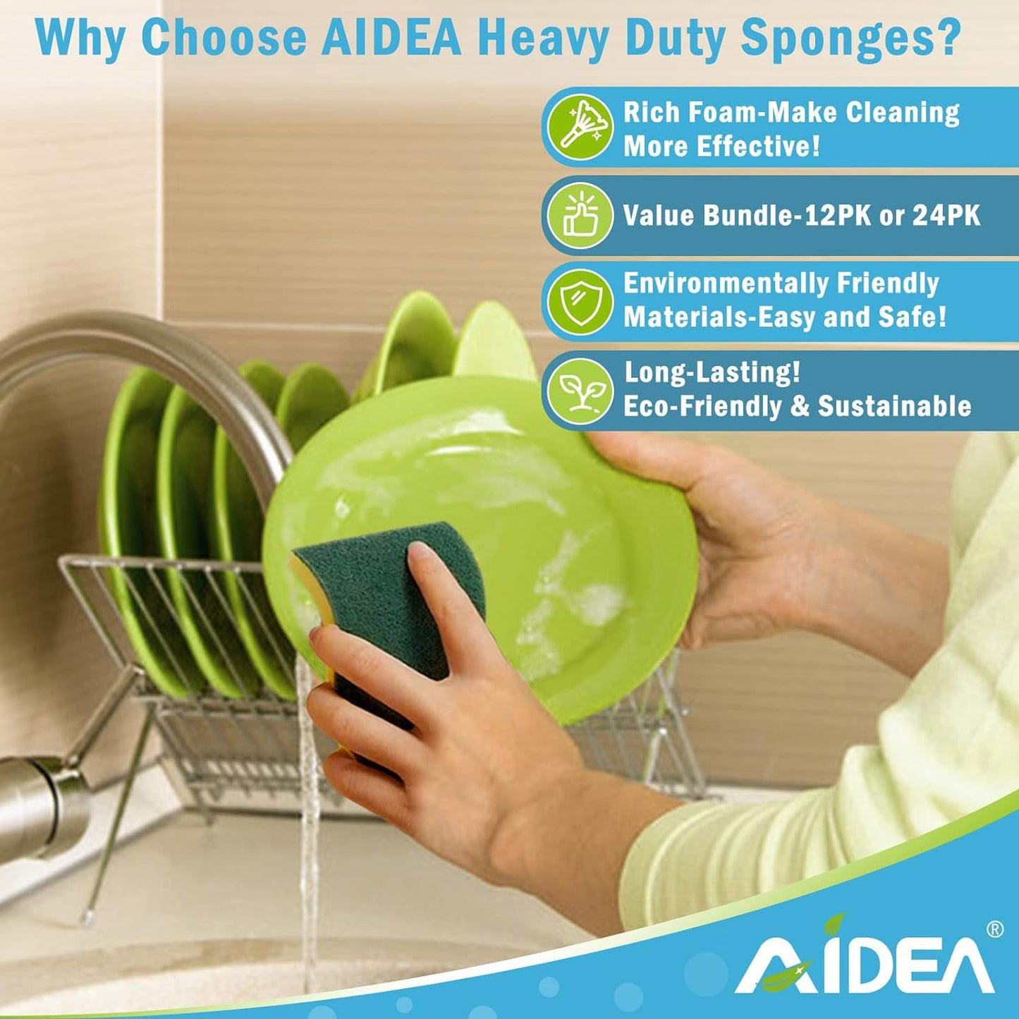 Aidea Heavy Duty Scrub Sponge-50 Count, Cleaning Sponge, Kitchen Dish Sponge, Effortless Cleaning Eco Scrub Pads For Dishes,Pots