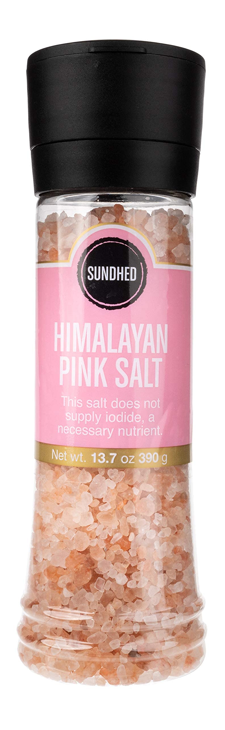 Sundhed Pink Himalayan Gourmet Salt (Course) in Grinder | 390 Grams (13.75 oz) | Natural Rock Salt for Seasoning | Keto Friendly