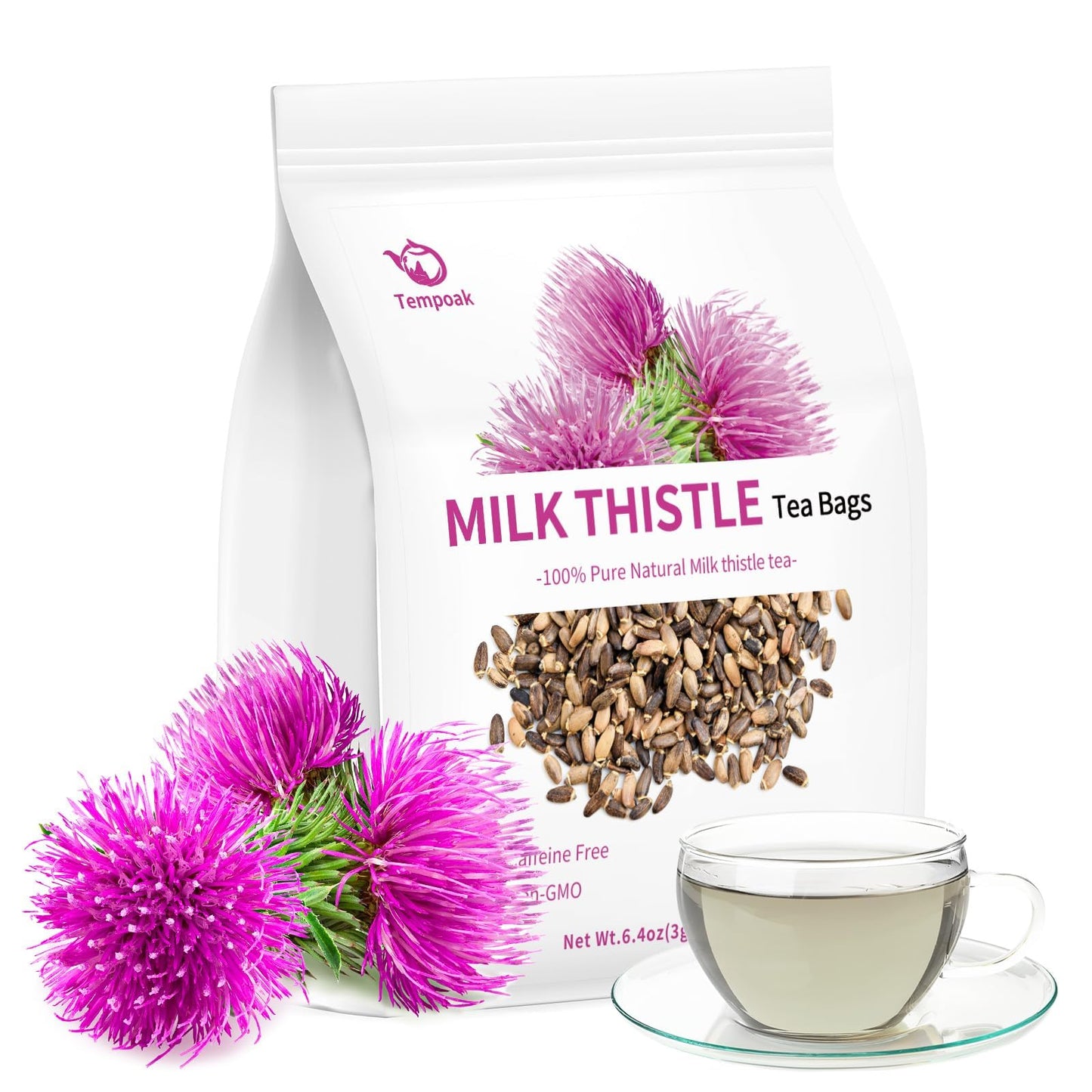 Tempoak Milk Thistle Tea Bags - 100% Pure Herbal Tea, Caffeine Free, Non-GMO, 60 Bags, 6.4 OZ