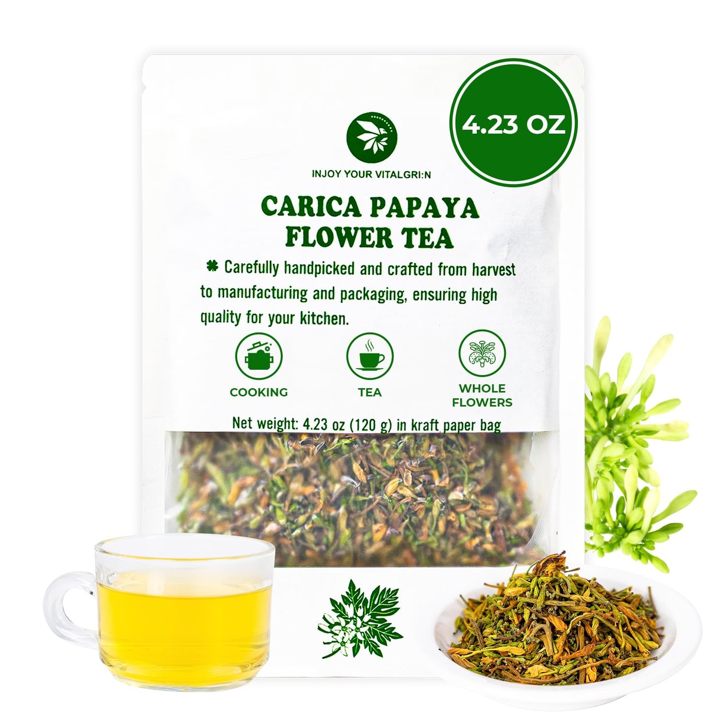 INJOY YOUR VITALGRI:N Carica Papaya Flowers Herbal Tea, Freeze Dried, Vacuum Sealed, 4.23 Oz, No Additives, Stomach Calm & Relax