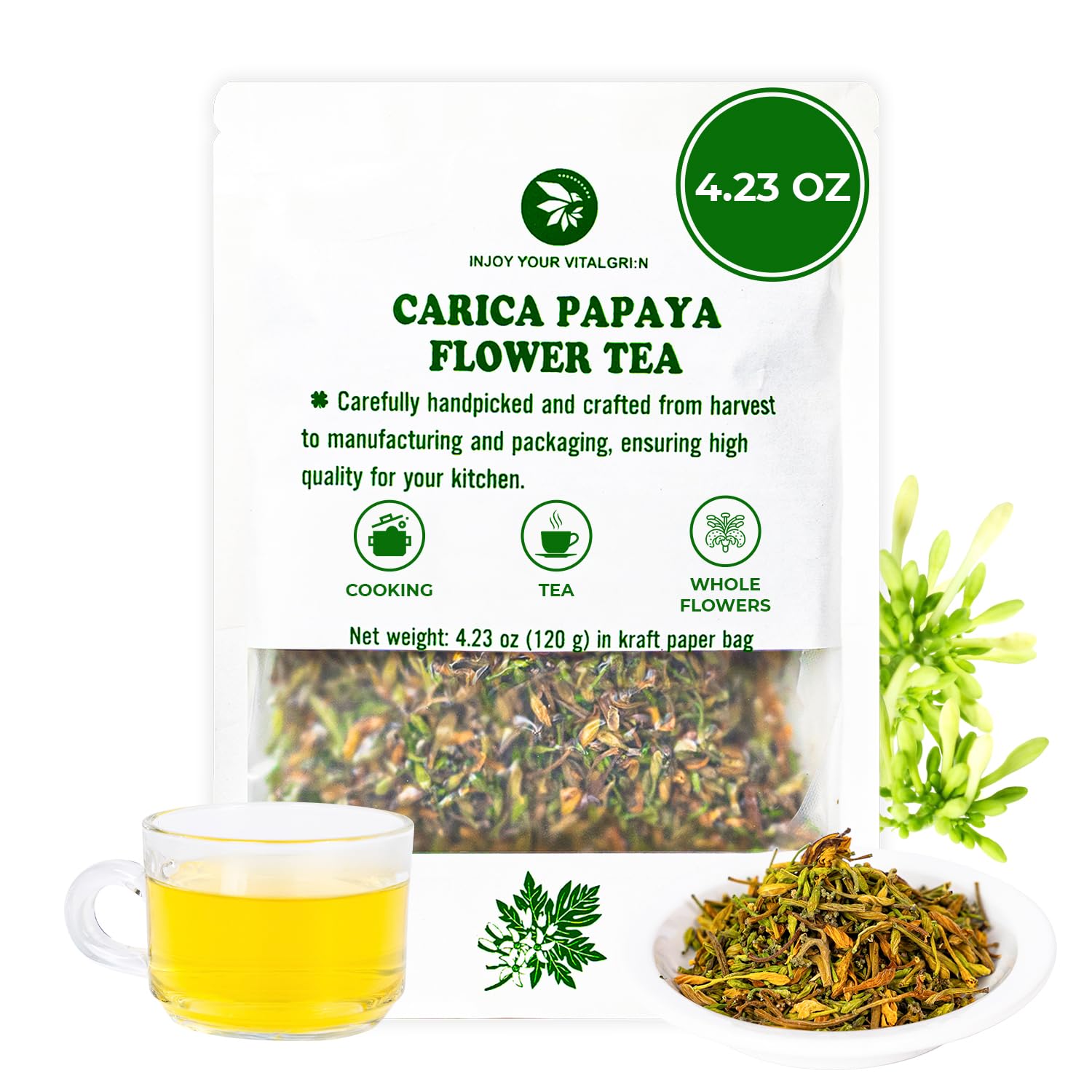 INJOY YOUR VITALGRI:N Carica Papaya Flowers Herbal Tea, Freeze Dried, Vacuum Sealed, 4.23 Oz, No Additives, Stomach Calm & Relax