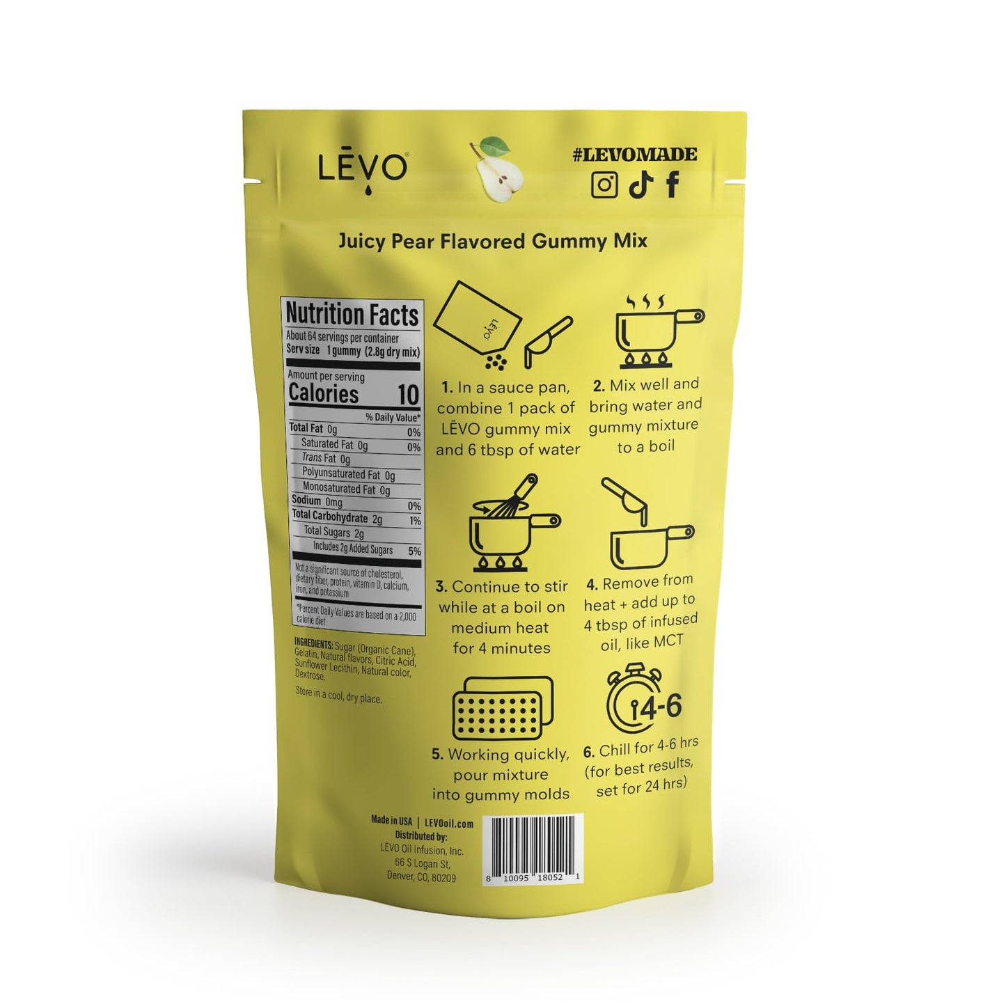 LEVO Gummy Mix - Juicy Pear Flavor - Makes 64 Gummies - 6.3 Ounce Pack - Green