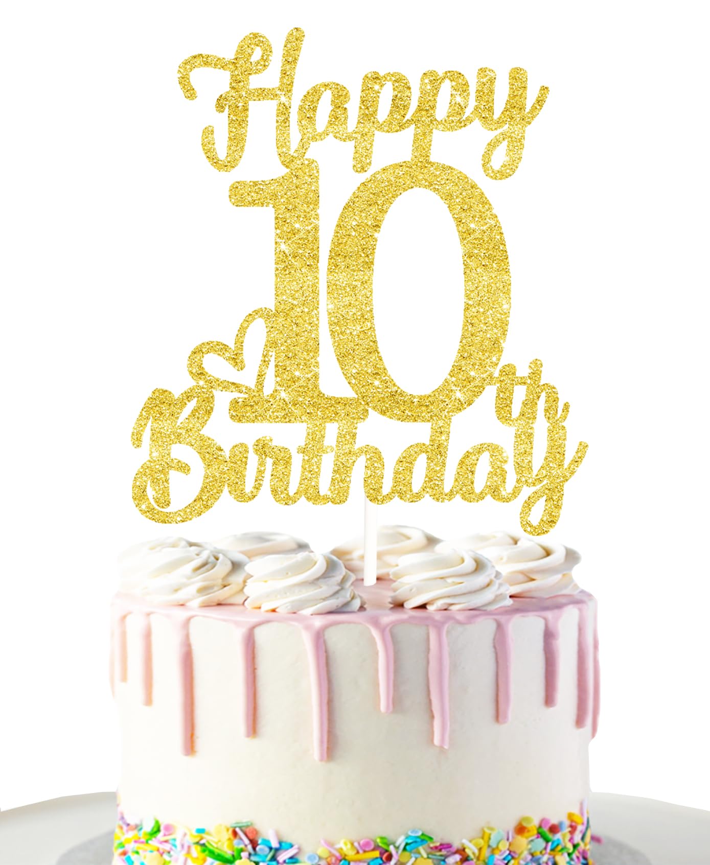 10Th Birthday Cake Topper - Double Sided Gold Glitter, Happy 10Th Birthday Cake Topper For Girls,10 Cake Decorations For Girls,